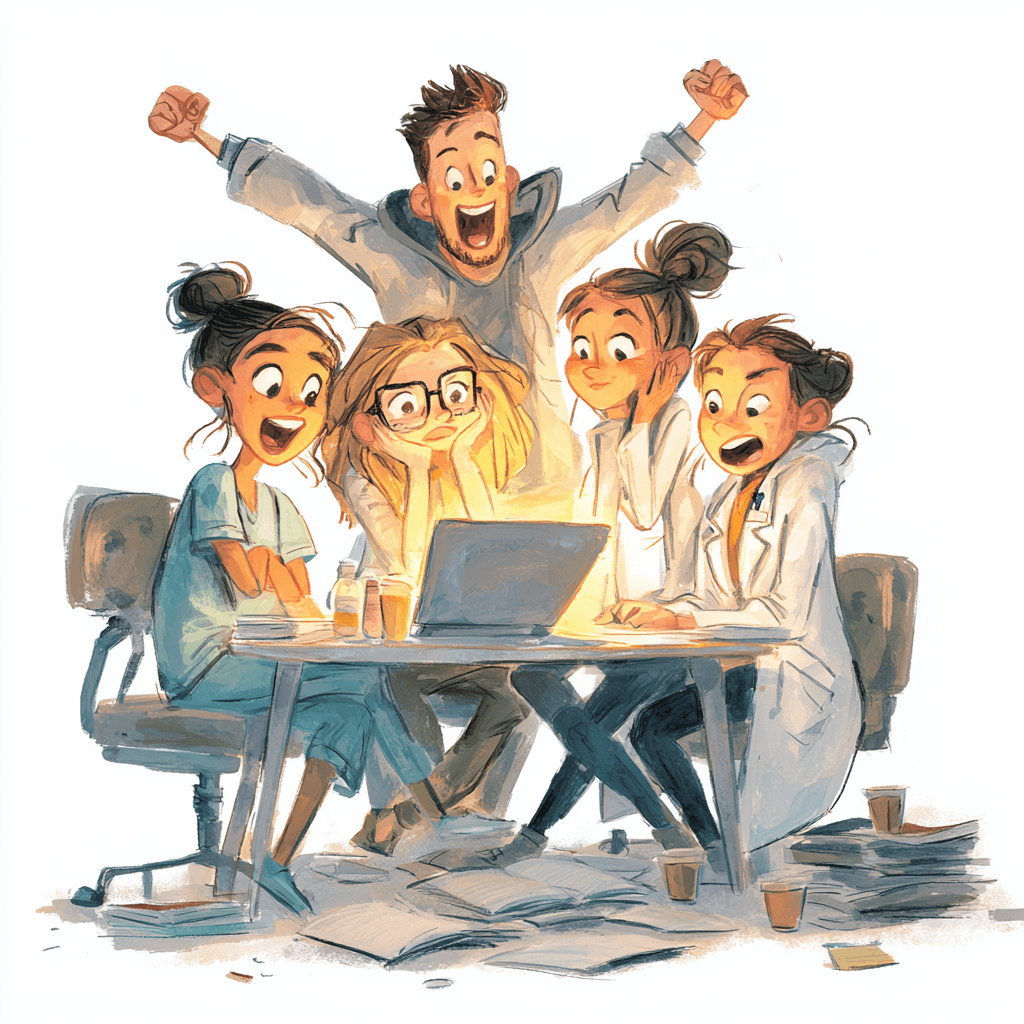 A group of medical students celebrating around a laptop